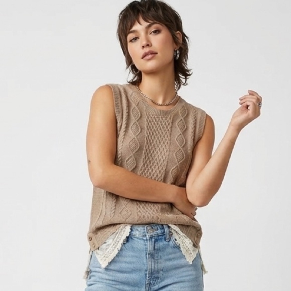 Tea N Rose Taupe Cable Knit Sweater Vest with Lace Trim Hem and Button Detail
